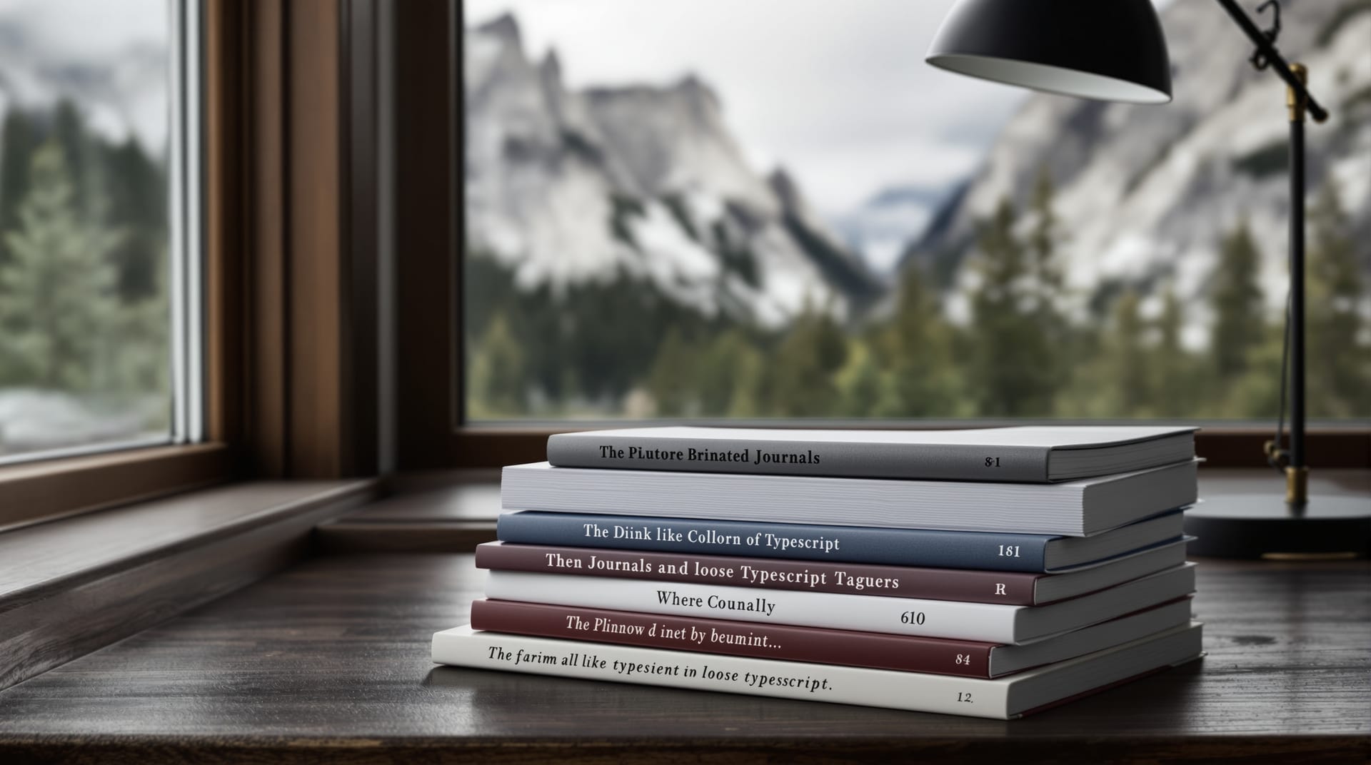 Bound printed journals and loose pages on a timber table in a mountain study