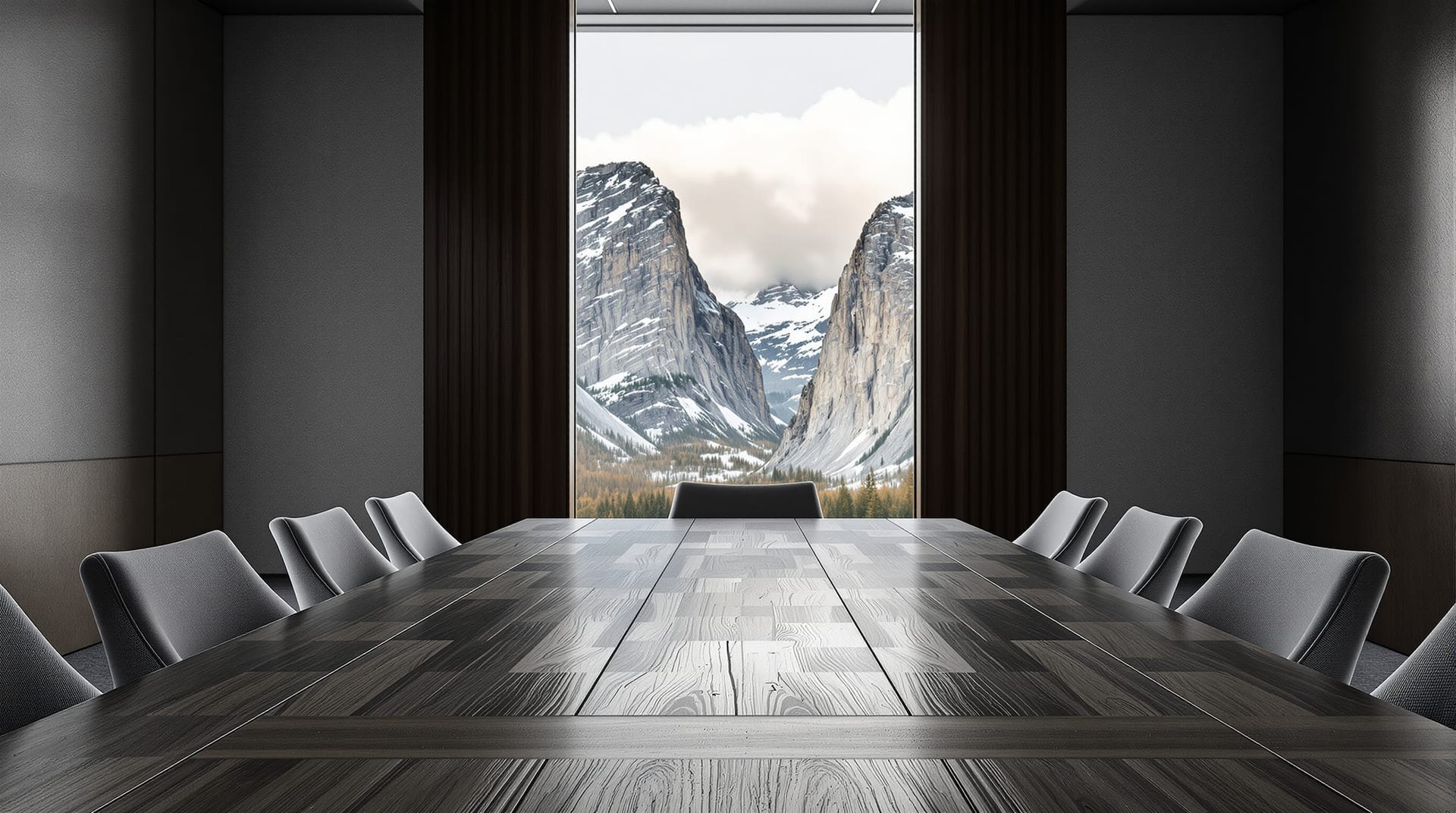 An empty timber board table in a mountain lodge meeting room, with a window onto limestone escarpments