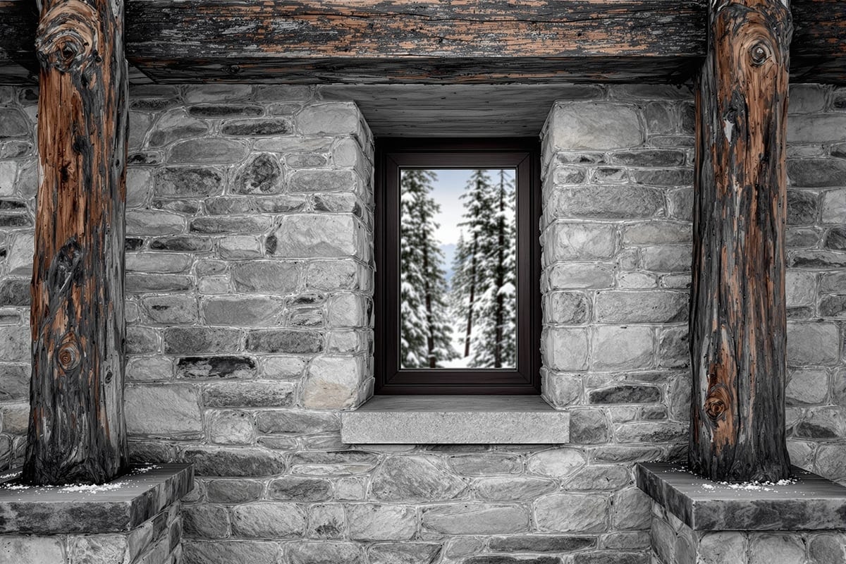 Limestone and weathered timber wall of a mountain lodge with a deep-set window onto pines