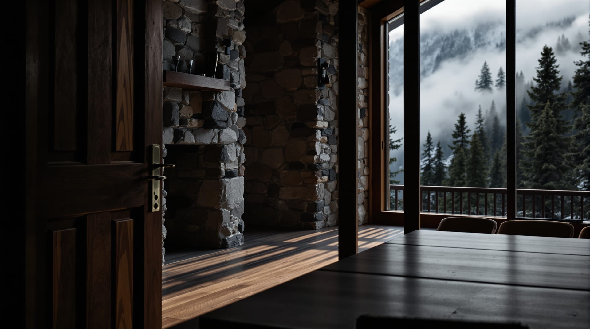 A timber and stone mountain lodge meeting room with a long empty table and a glass wall onto pines