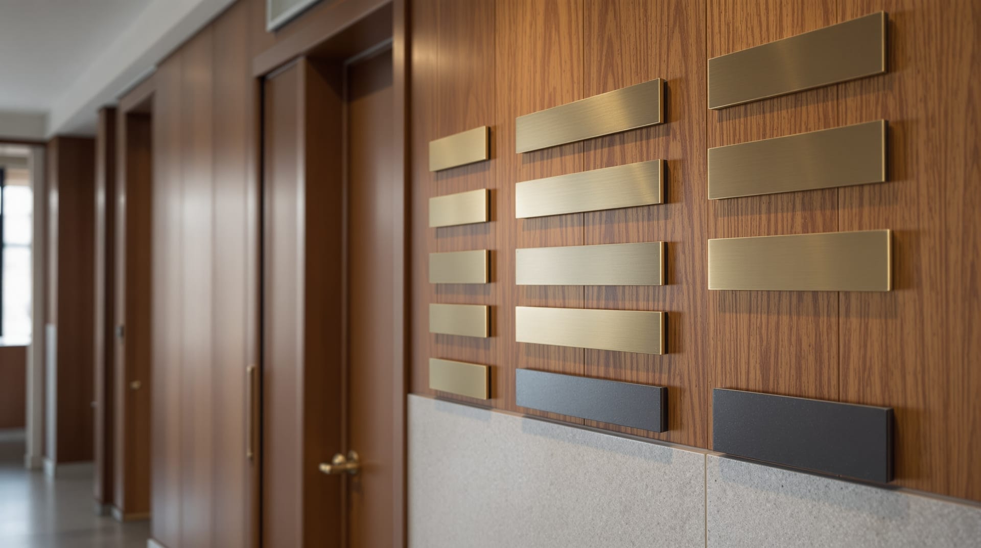 Rows of blank nameplate blanks mounted beside a panelled office door