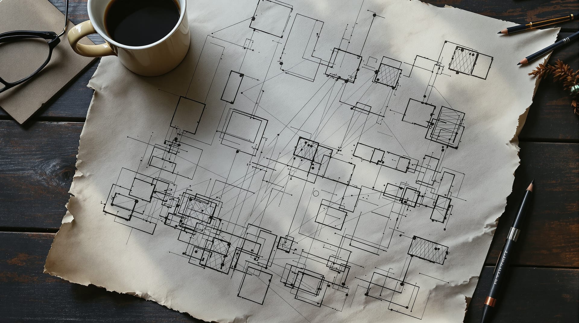 A hand-drawn abstract diagram on heavy paper spread across a dark timber table