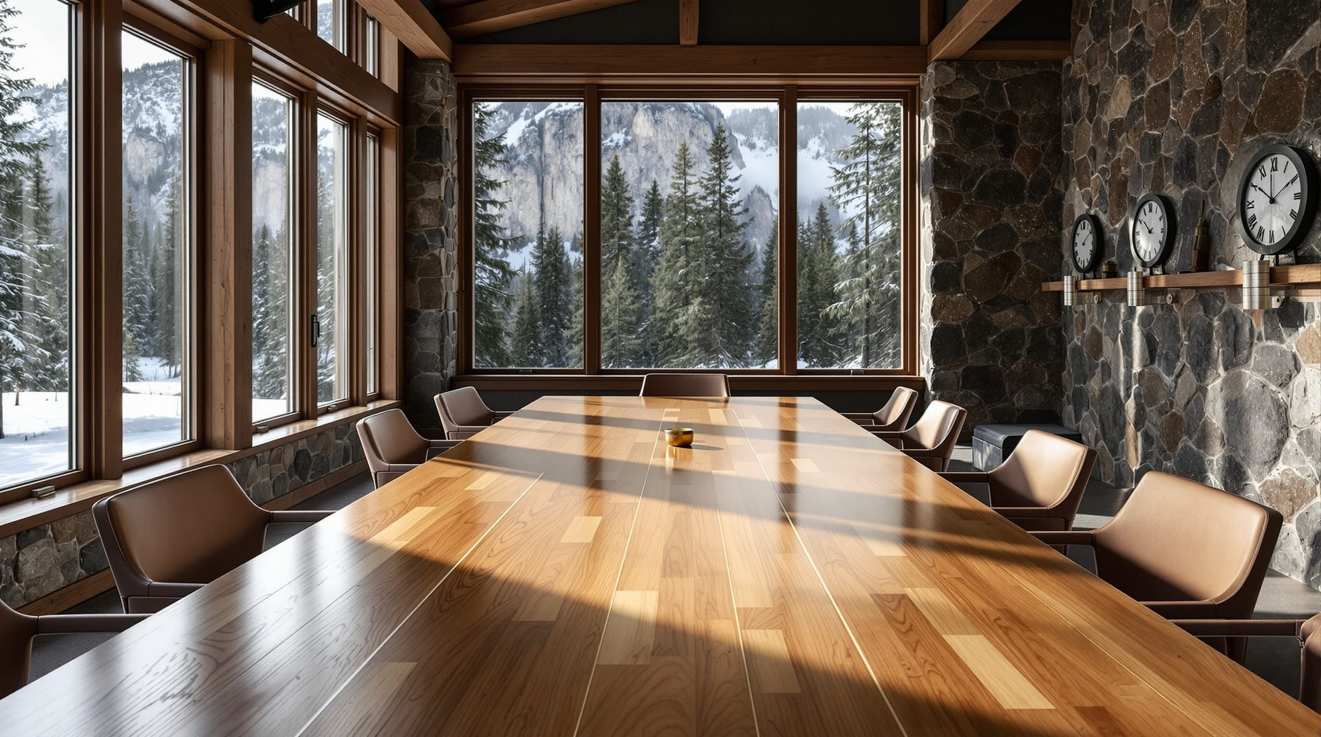 Empty board table with vacant chairs in a mountain lodge meeting room
