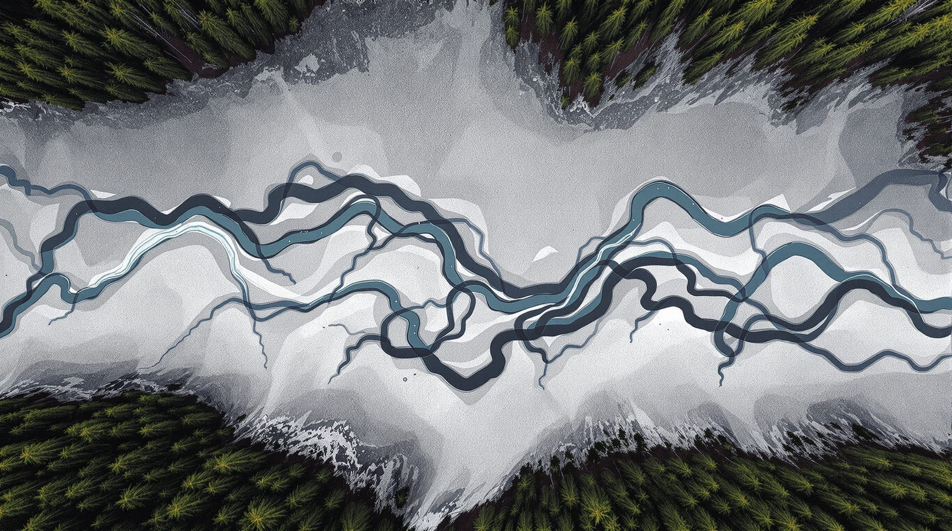 Braided glacial river channels spreading across a gravel flat between forested valley walls
