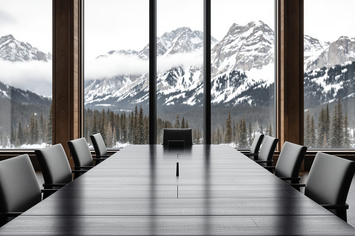 Empty board table in a timber and stone mountain lodge room with a window onto grey peaks