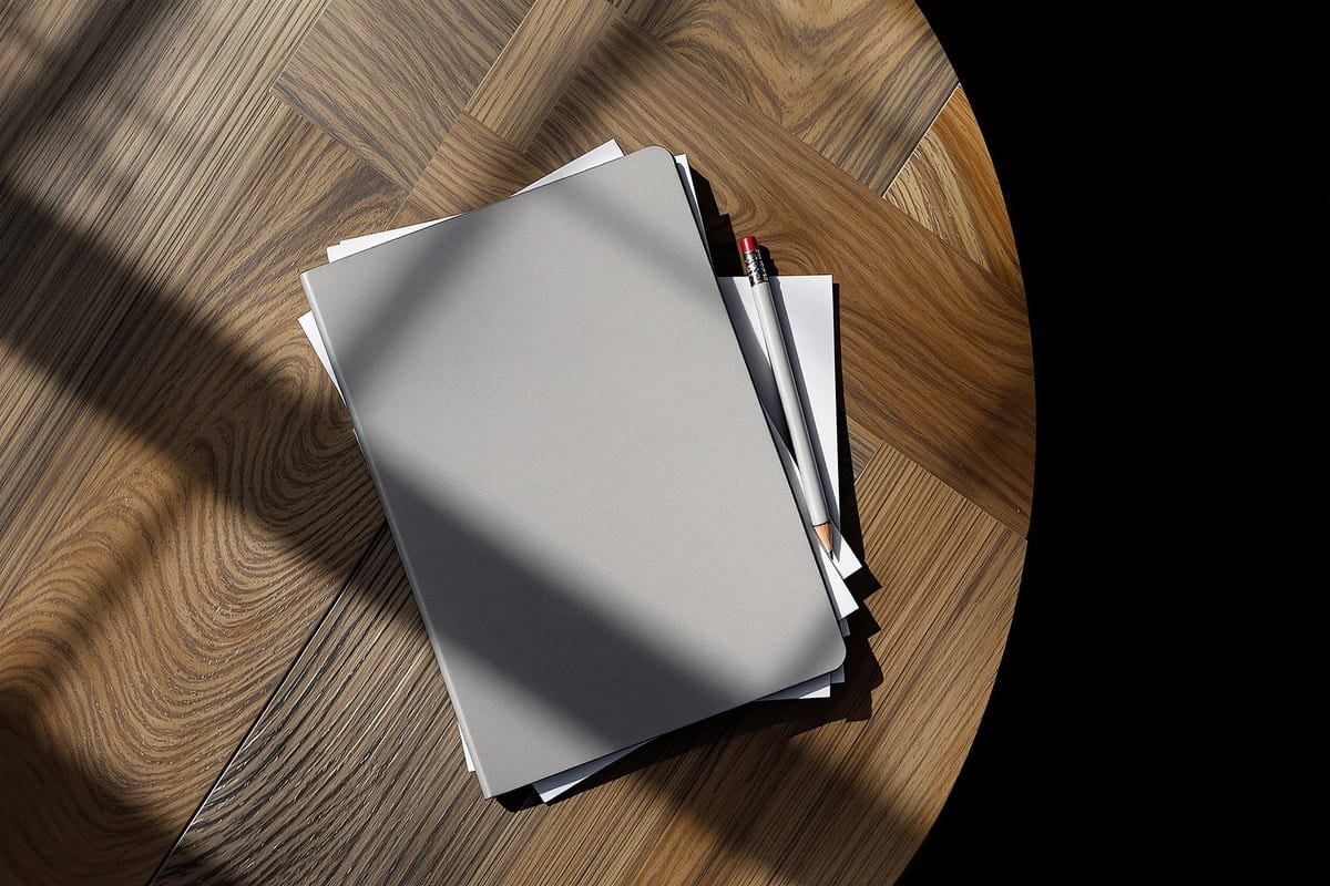 An overhead view of a closed notebook and plain paper on a wooden table in cold window light