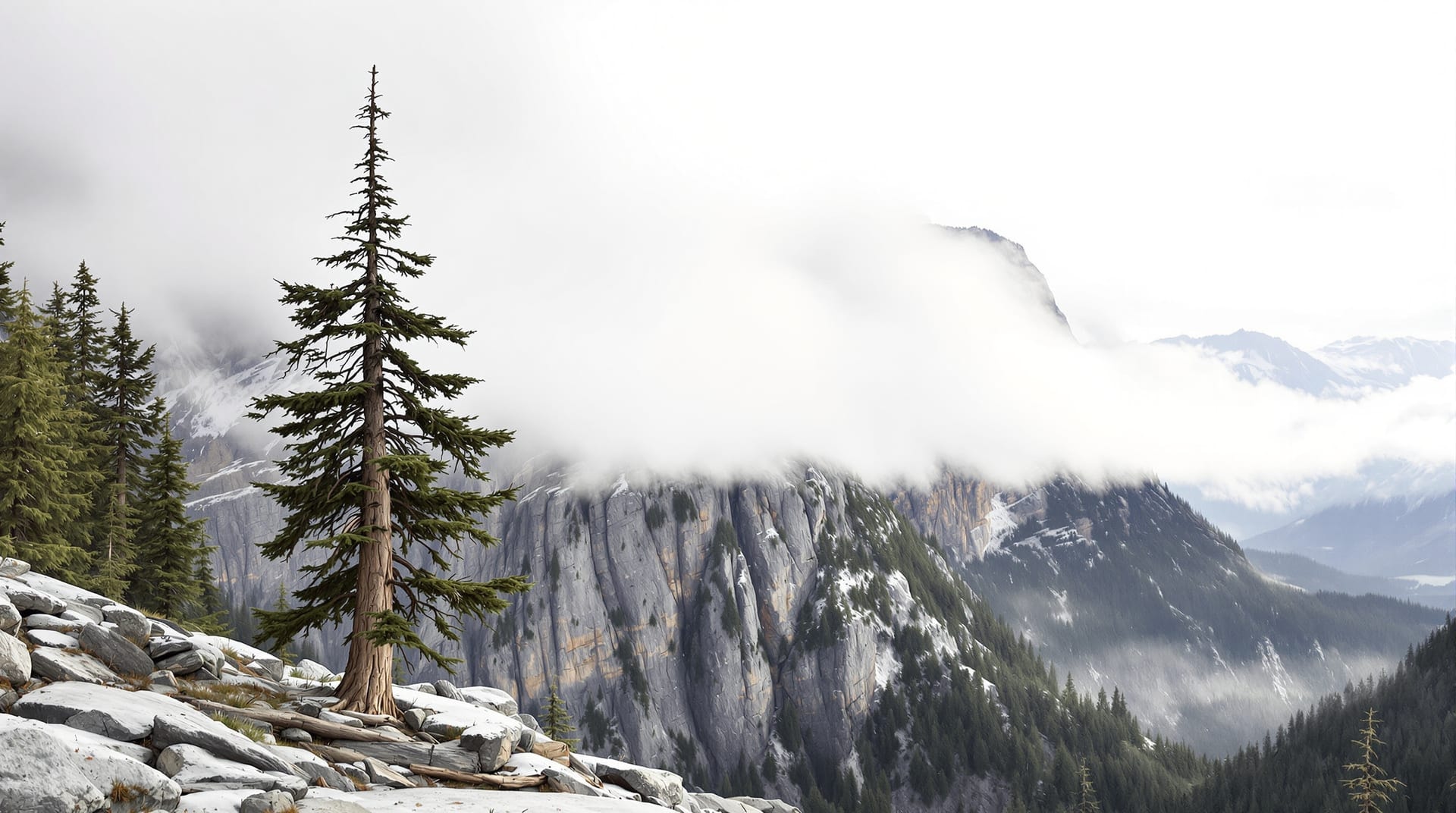 Old larch and pine on a limestone bench beneath low cloud in the Canadian Rockies