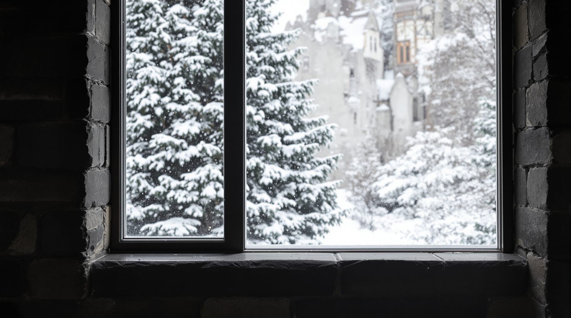 A tall window in a stone wall looking out to evergreens and limestone